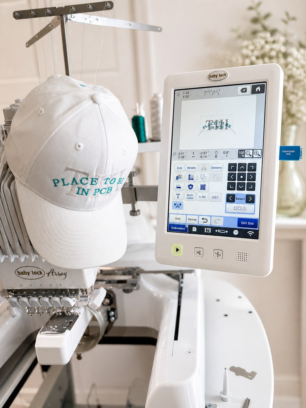 An embroidery machine working on a white cap